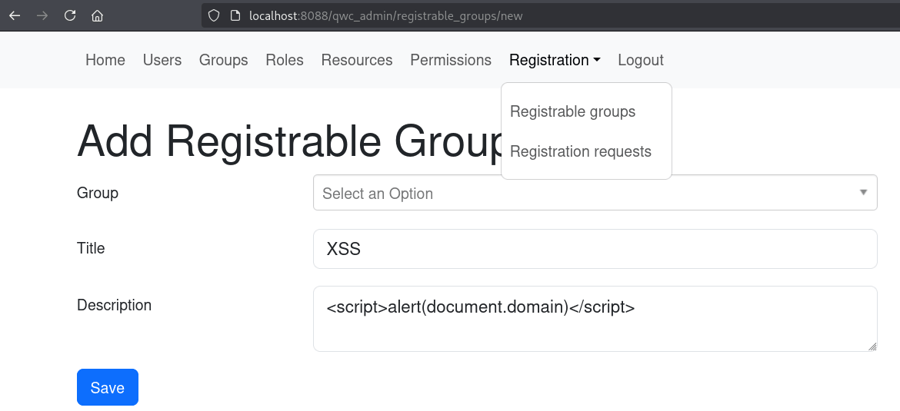 QWC2 Registration GUI XSS payload placement